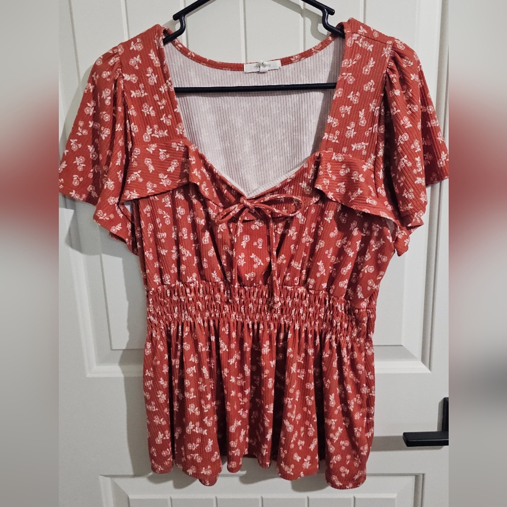Maurices Rust Colored Floral Blouse with Smocked Waist